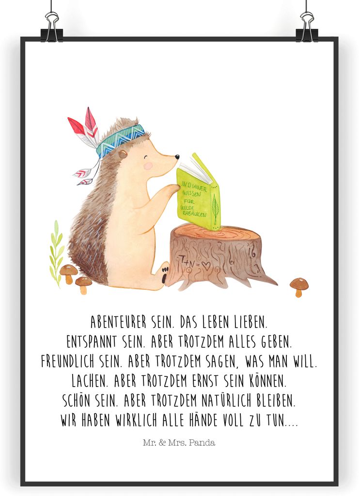 Mr. & Mrs. Panda Bild Igel Federschmuck DIN A5 - Weiß - Geschenk, wandkunst, drucke, Tiere, Lagerfeuer, Camping, Abenteuer, Wanddekoration, Deko, ...