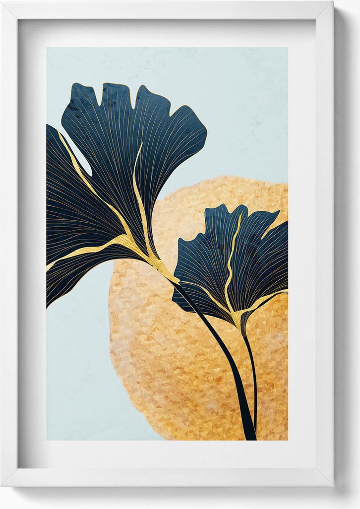 Illustration von Ginkgoblättern mit goldener Sonne– Wandbild mit Rahmen – Gerahmtes Bild – Wanddekoration – 40x60 cm – Weiß