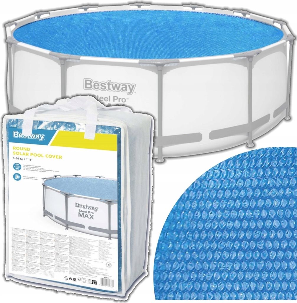 A collage of images showing a round solar pool cover, its packaging, and a close-up of the cover's texture.