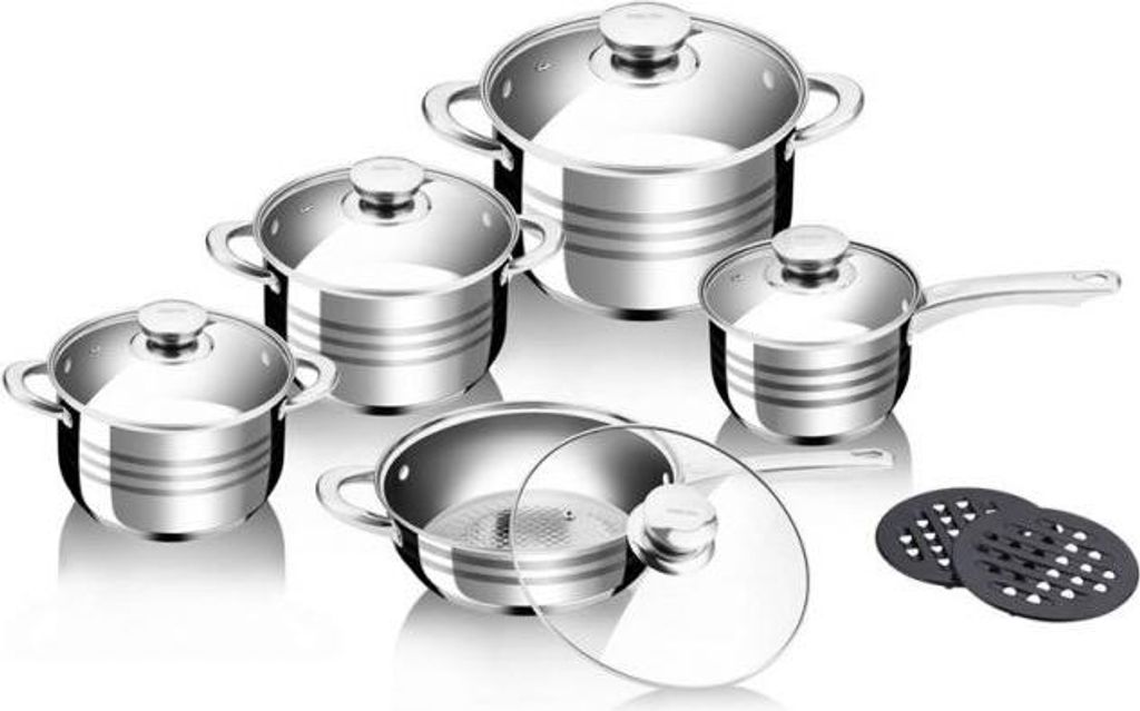 A set of stainless steel cookware with glass lids, displayed on a white background.