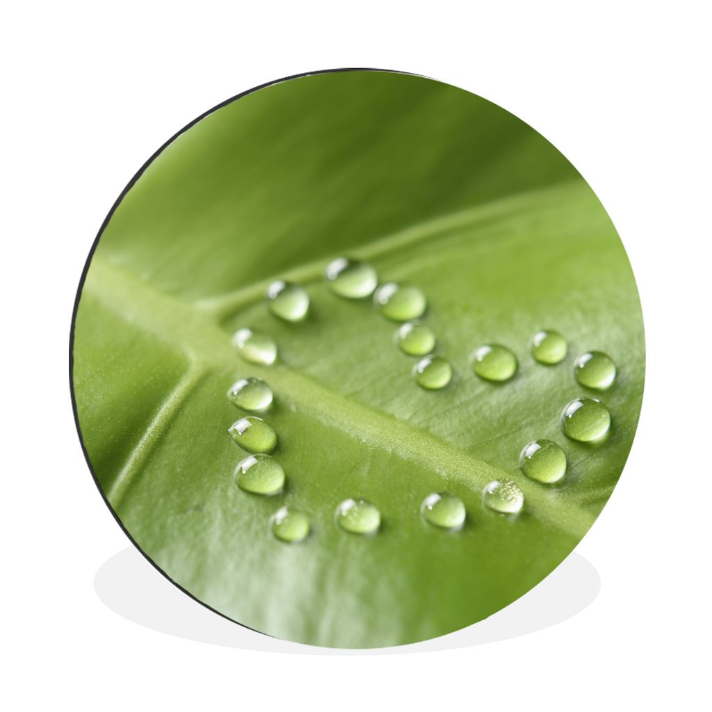 MuchoWow Aluminium Wandkreis Foto eines botanischen Blattes mit Wassertropfen in Form eines Herzens Ø 60 cm Wanddeko Modern Wohnzimmer - Wand Kr...