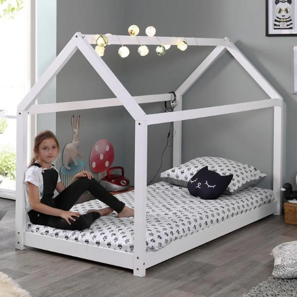 Lit cabane blanc 90x200 en bois massif Vipack structure robuste
