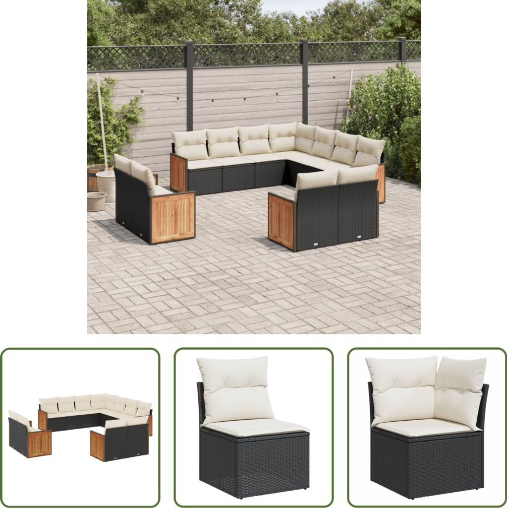 The Living Store 11-tlg. Garten-Sofagarnitur mit Kissen Schwarz Poly Rattan