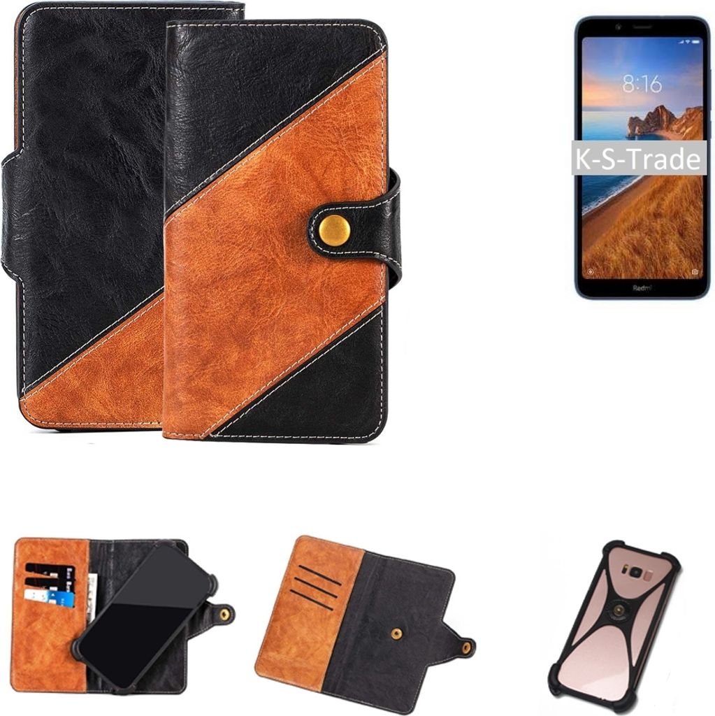 K-S-Trade Handyhülle Schutzhülle Bookstyle Case Wallet-Case kompatibel mit Xiaomi Redmi 7A Handy Cover Bumper Klapphülle schwarz hellbraun 1x