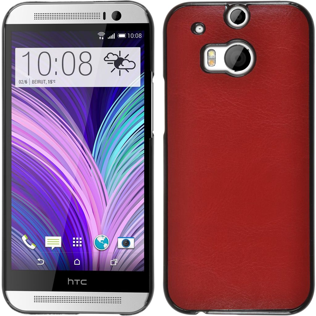 PhoneNatic Case kompatibel mit HTC One M8 - Hülle rot Lederoptik Hard-case + 2 Schutzfolien
