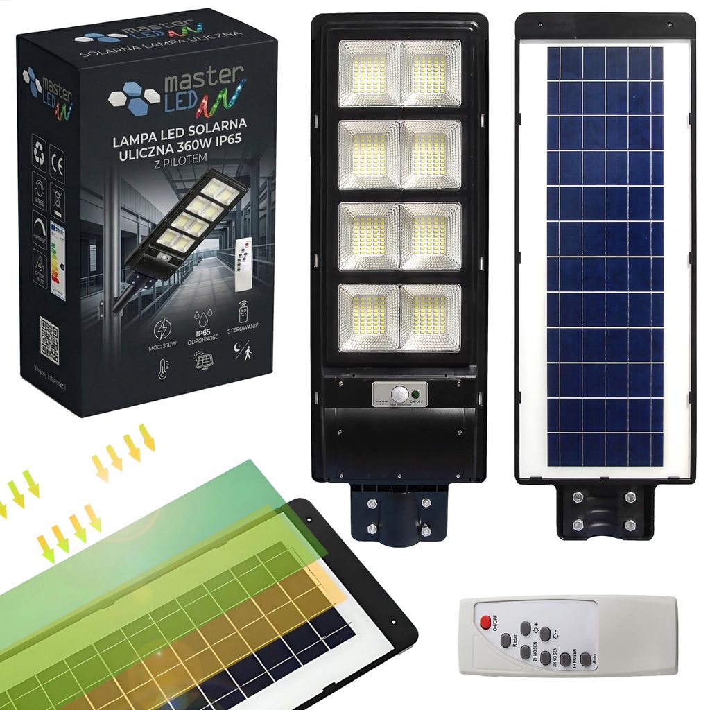 Lampadaire solaire LED noir 360W 6000K froid IP65 détecteur Image du produit 