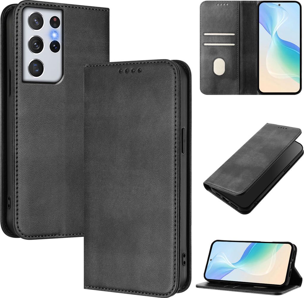 Handyhülle für Samsung Galaxy S21 Ultra 5G, Vintage Leder RFID Schutz Kartenfach Standfunktion Magnetische Klapphülle Schwarz