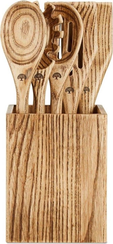 Kochgeschirr-Set mit Halter, 5 Kochlöffel, Eschenholz, Edelstahl - Barbary & Oak | Hoxton