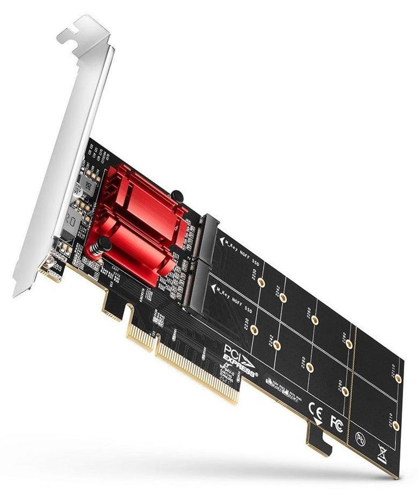 AXAGON PCEM2-ND, PCIe x8 řadič - 2x M.2 NVMe M-key slot, RAID, podpora desek bez bifurkace, vč. LP