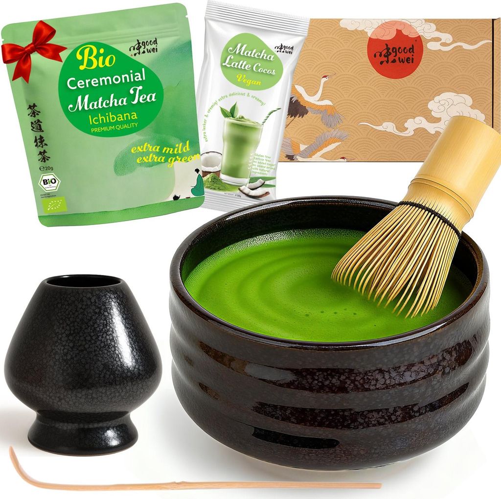 Matcha Teezeremonie Set "Tetsu" mit Schale, Besen, Besenhalter & Matchapulver + Cocos – edles Komplettset für Matcha-Genuss und Zeremonie