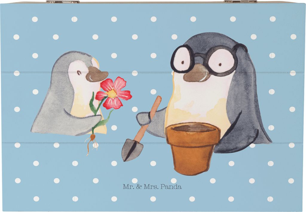 Mr. & Mrs. Panda Geschenkbox Pinguin Opa Blumen pflanzen 22 x 15 cm - Blau Pastell - Geschenk, Truhe, Opi, Box, Schatulle, Gärtner, Holzkiste mit ...