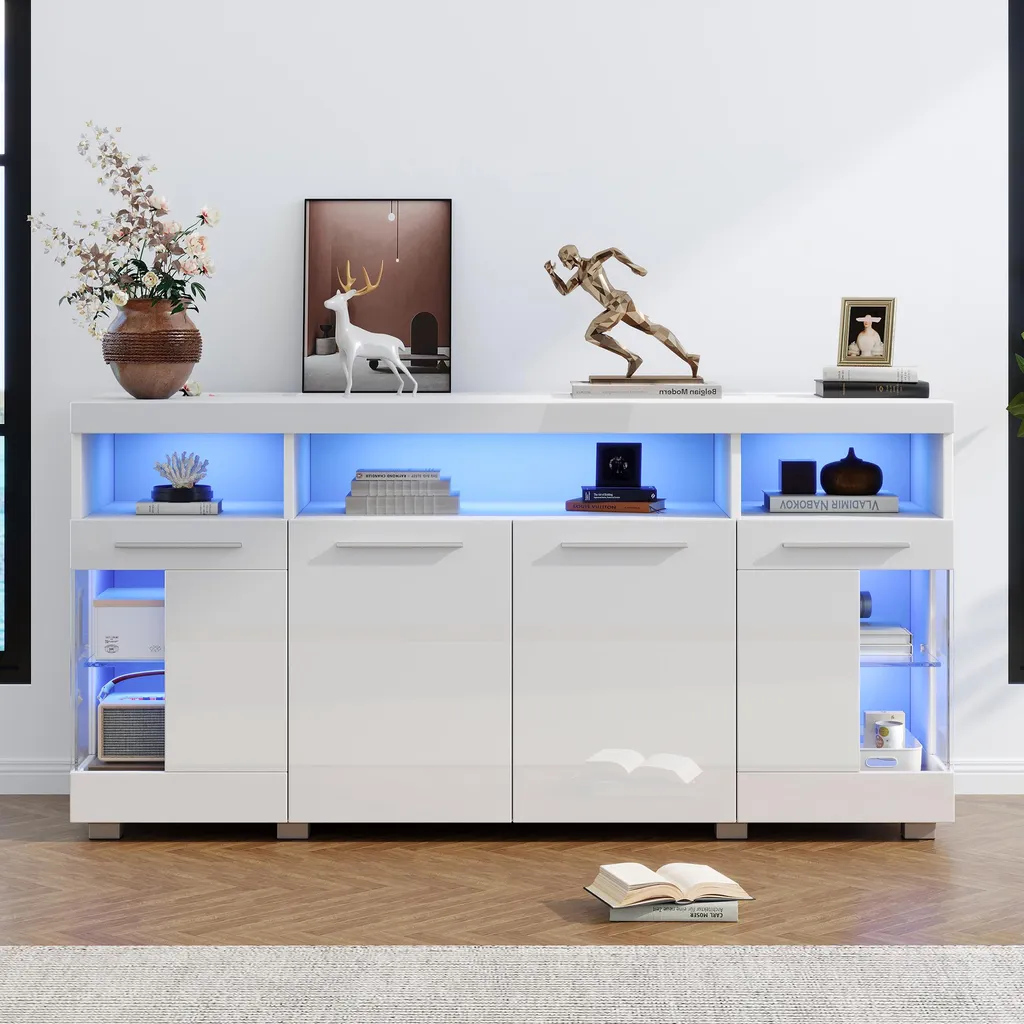 Meuble latéral LED blanc brillant 3 compartiments et verre trempé