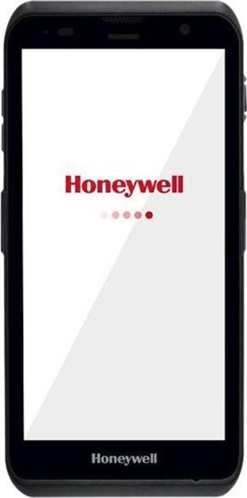 A black Honeywell mobile computer is shown on a white background, displaying the Honeywell logo and a loading animation.