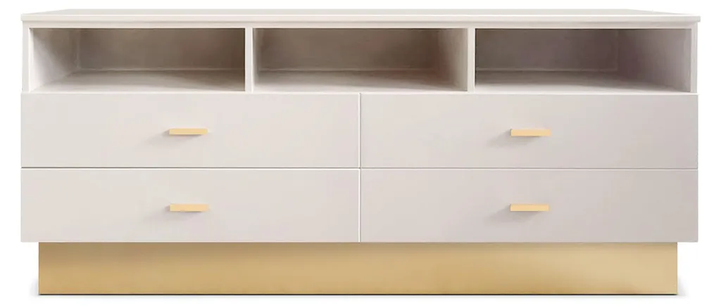 Banc TV Moderne 4 Tiroirs Nestor Taupe Clair - Finitions Luxueuses en Or