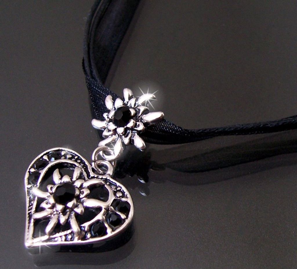 Halskette Tracht Dirndl Herz Edelweiss schwarz Strass Produktbild 4