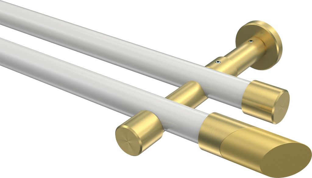 Interdeco Gardinenstange / Vorhangstange Weiß / Messing-Optik, Typ Prestige Verano (Schräge) ohne Ringe, 20 mm Ø 2-läufig, 480 cm