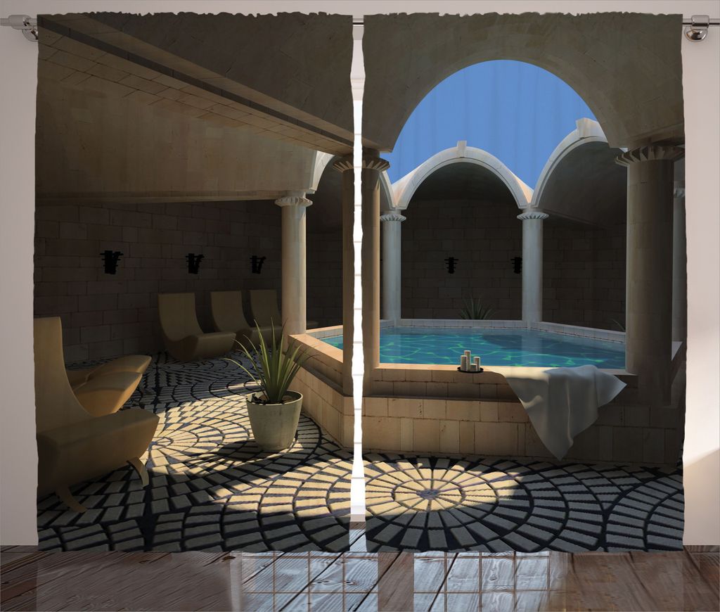 ABAKUHAUS Urlaub Rustikaler Gardine, Spa Entspannung Pool, Schlafzimmer Kräuselband Vorhang mit Schlaufen und Haken, 280 x 245 cm, Grau Blau