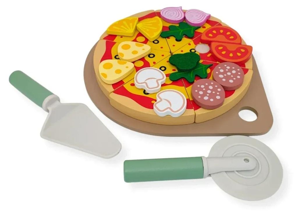 Kabi Holz-Pizza Spielset – 6 Pizzastücke, 7 Zutaten, Schneidebrett, Pizzaschneider & Schaufel (Wasserbasierte Farben, Rollenspiel ab 3 Jahren, C...