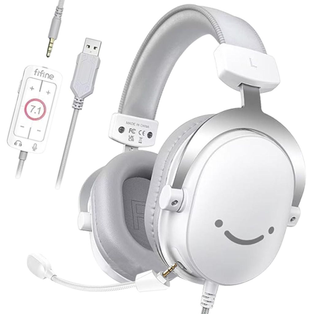 Fifine Headset Over-Ear Gaming-Headset mit Mikrofon Abnehmbar USB Headset mit Kabel, Weiß
