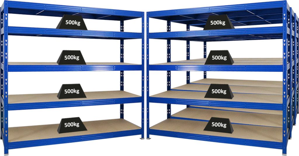 Mega Deal | 4x Profi Schwerlastregal Rhino | HxBxT 180x200x60cm | 5 Spanplatten-Ebenen 8mm | Fachlast 500kg | Blau