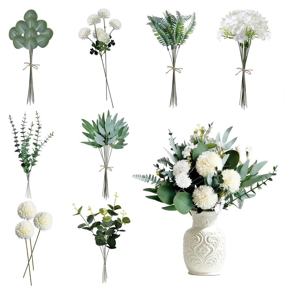 65 Stück Künstliche Zweige und Blumen, Weiße Hortensien und Eukalyptusfrüchte mit Juteschnur für DIY Brautsträuße und Tischdekoration