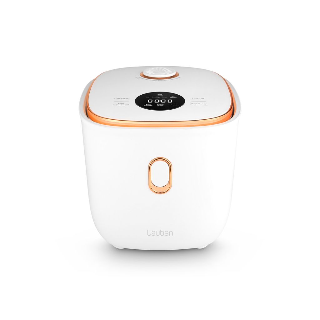 A white Lauben multifunction rice cooker with rose gold accents, shown from the front against a white background.