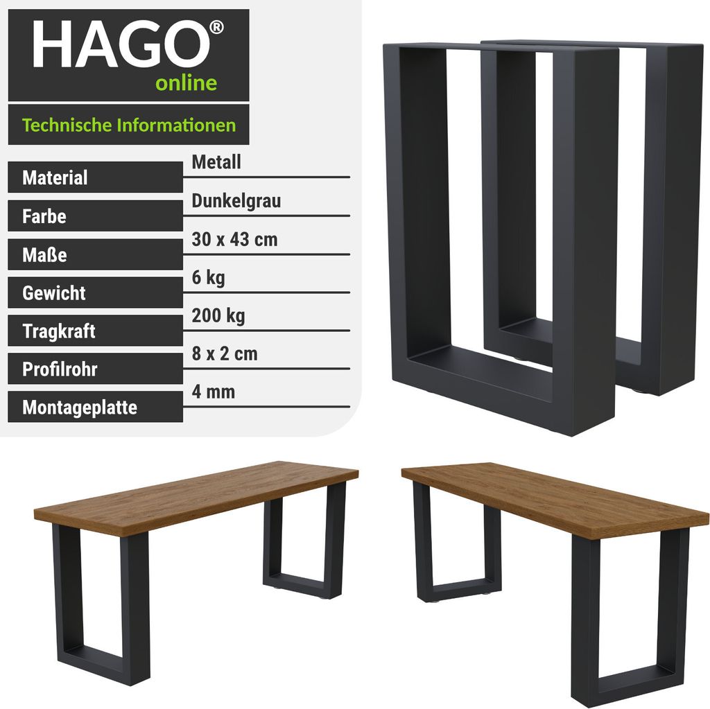 DIY 2er Set 30x43cm Tischkufen Bankkufen Stahl Grau Bankfuß Produktbild 3