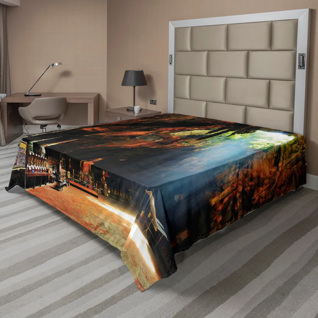 Drap de lit décoratif motif Grotte Naturelle et Temple 275 x 260 cm