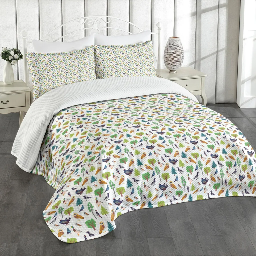 ABAKUHAUS Set copriletto Wild Nature, disegni animati colorati di vari animali selvatici, foresta, uccelli, animali e alberi, 220 x 220 cm, bianco multicolore