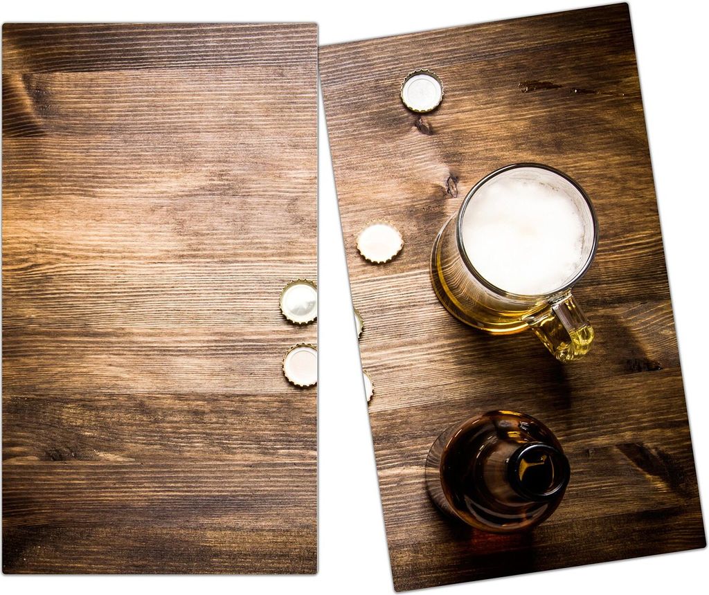 Spritzschutz Herdabdeckplatte Schneidebrett aus Glas Bierglas auf Holztisch 2-Teilig (60x52cm)