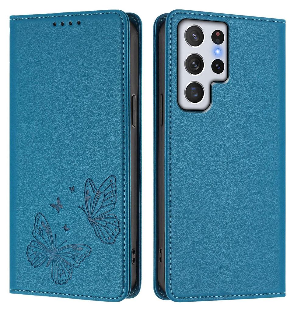Lederhülle für Samsung Galaxy S22 Ultra 5G, Schmetterling Prägung Leder Brieftasche Schutzhülle mit Ständer Blau