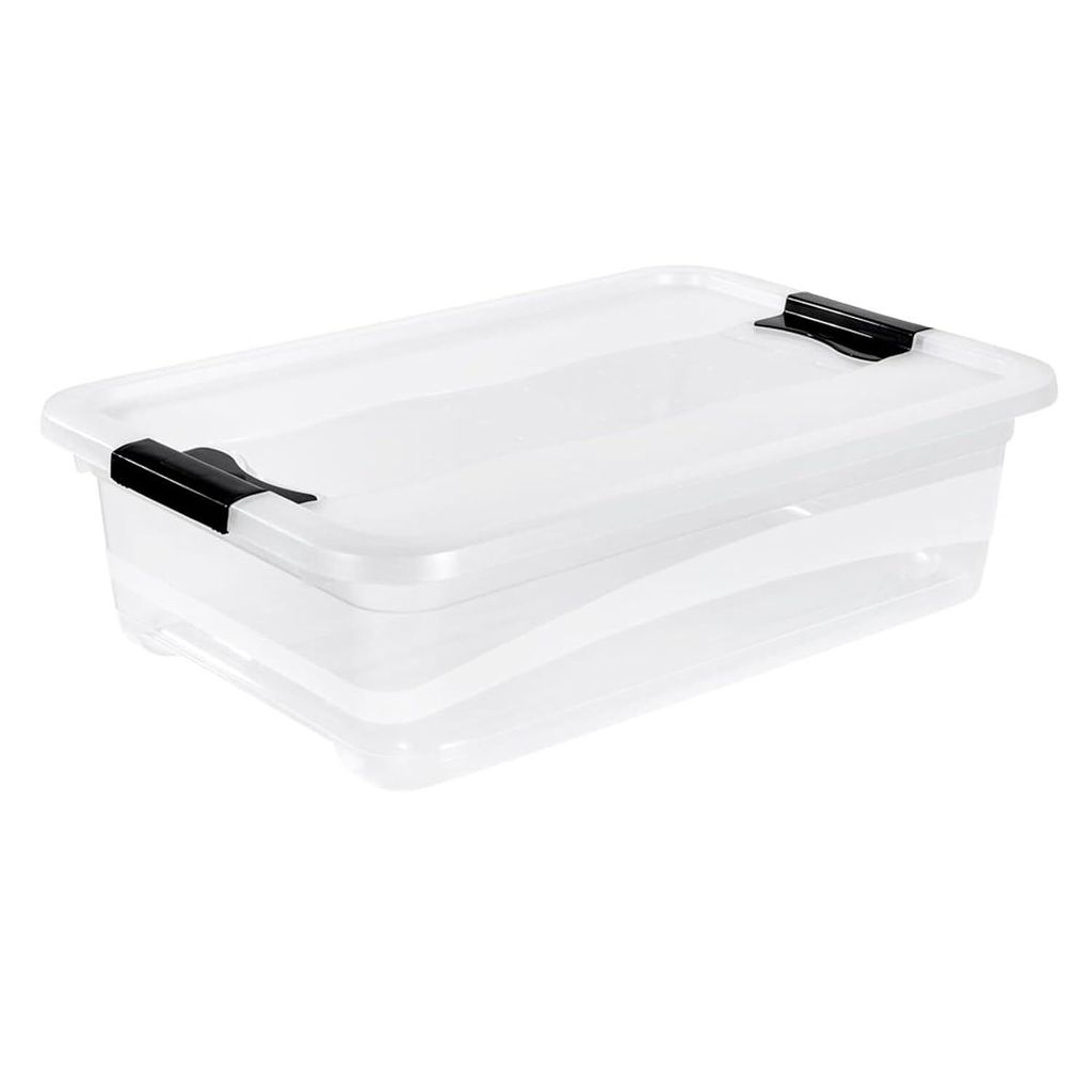A clear, studio shot of a transparent storage box with black latches, set against a white background.