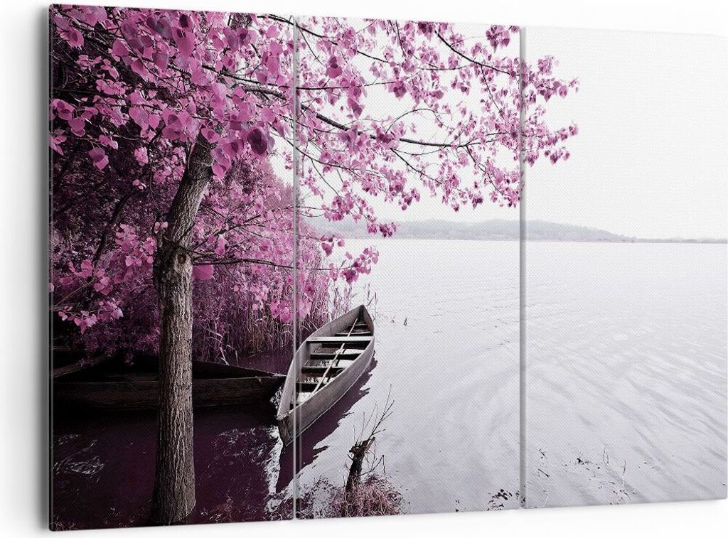 Bild auf Leinwand - Leinwandbild - 3 Teile - See Rosa Bäume - 165x110cm - Wand Bild - Wanddeko - Wandbilder - Leinwanddruck - Bilder - Wanddekorat...