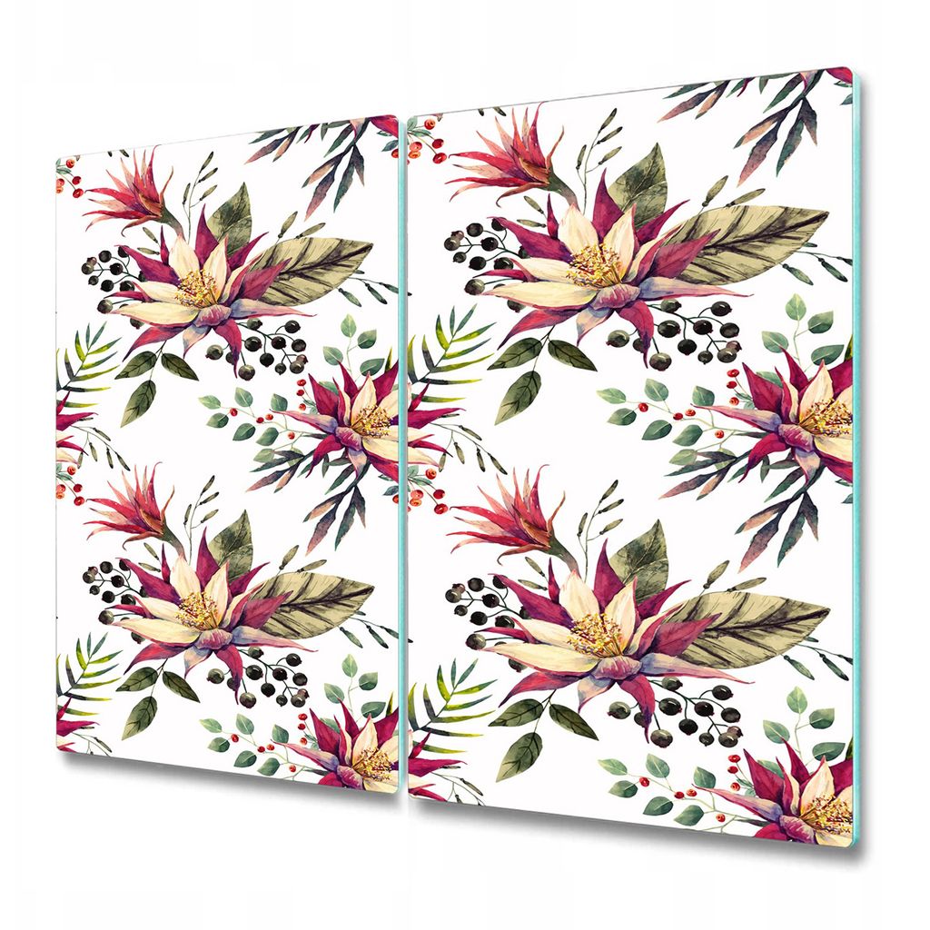 Küchenplatte - Schneidebrett Glas - Herdabdeckung - 2x 30x52 cm - Blumen und Beeren