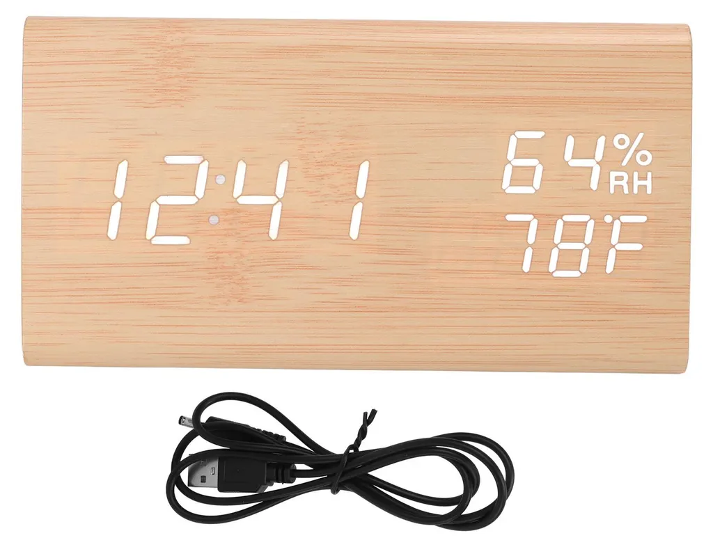 Horloge bois LED à commande vocale, affichage température et humidité