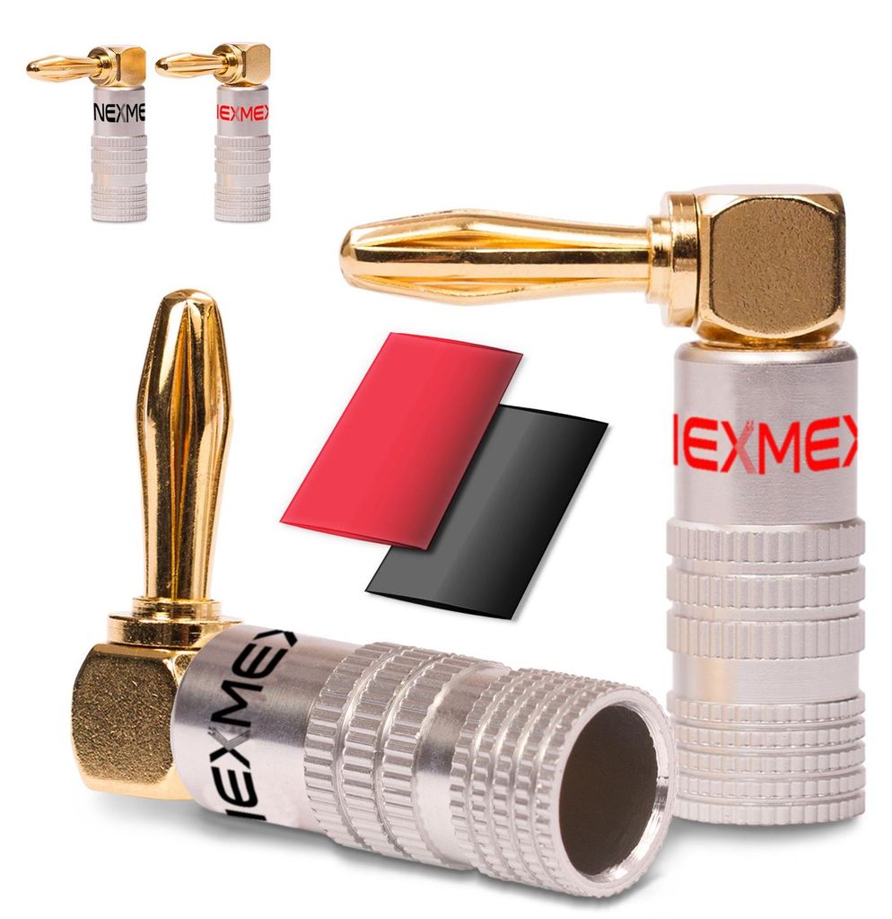 NEXMEX Winkel Bananenstecker 24K vergoldet 4x Schrumpfschlauch Steckverbinder