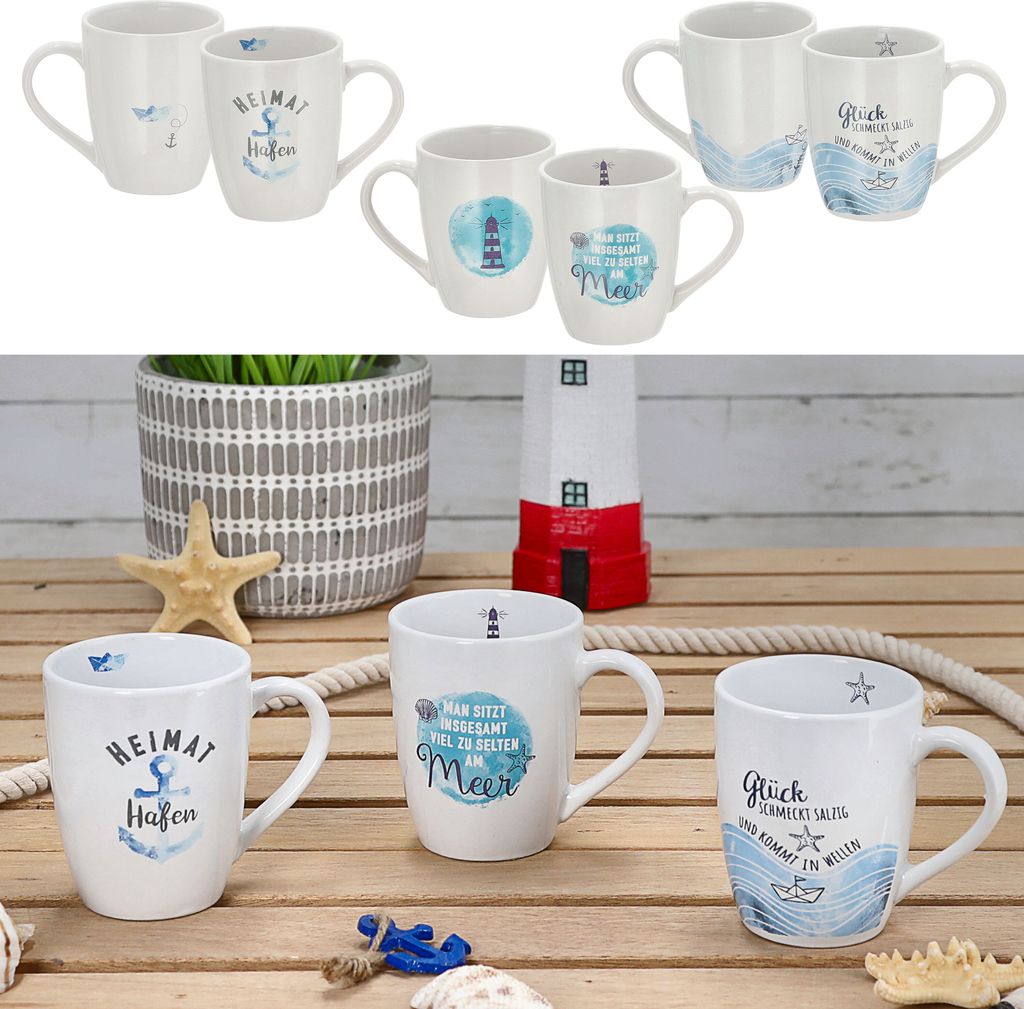 Kaffeebecher "Maritim" 3er Set Steingut bauchig 12,5x9,5x8,2cm Becher Tasse 350 ml 3 Motive Teetasse Henkelbecher