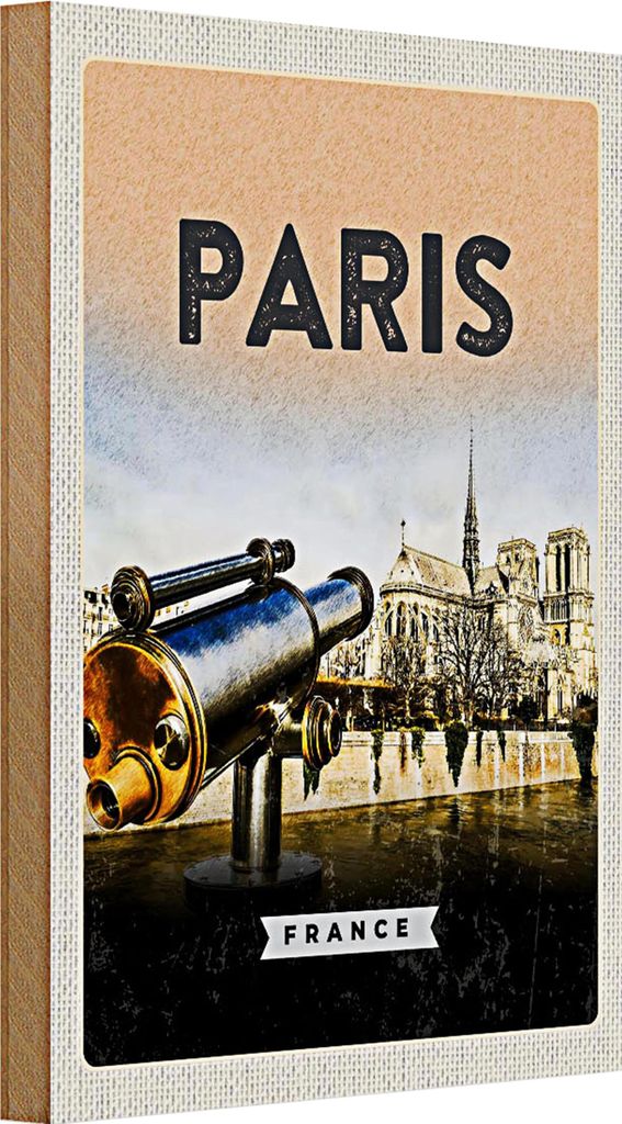 Holzschild Reise 20x30cm Paris Fernglas Notre-Dame Kathedrale