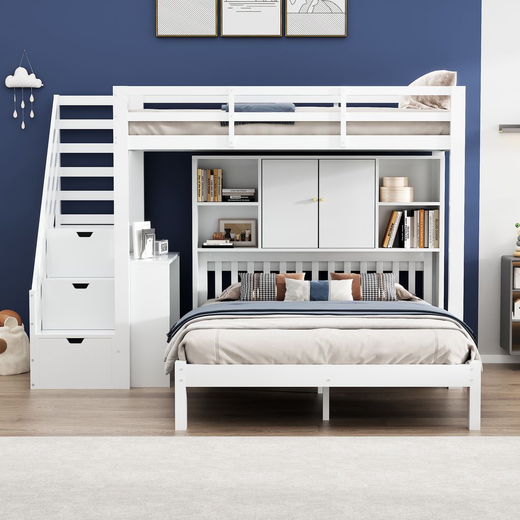 A white bunk bed with storage and a lower bed, set against a blue wall.