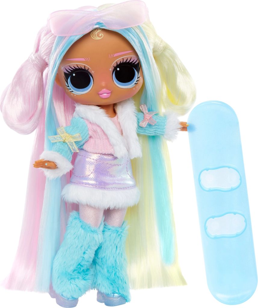 A fashion doll with long, multi-colored hair and winter-themed clothing, holding a light blue snowboard.