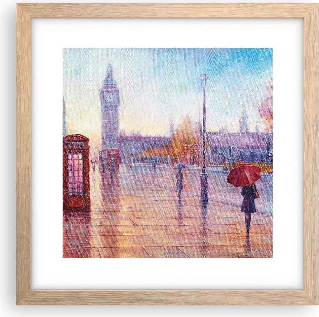 Gerahmtes Poster - Rahmen in heller Eiche - Groß Ben Regenschirm - 30x30 cm - Wand Bild - Wanddeko - Wandbilder - Kunstposter - Wandposter - Bilde...