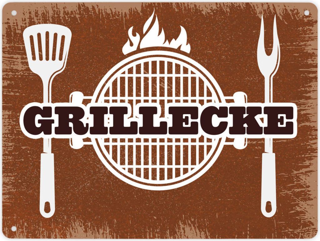 Grillecke Metallschild mit coolem Grillmotiv auf rostbraunem Hintergrund