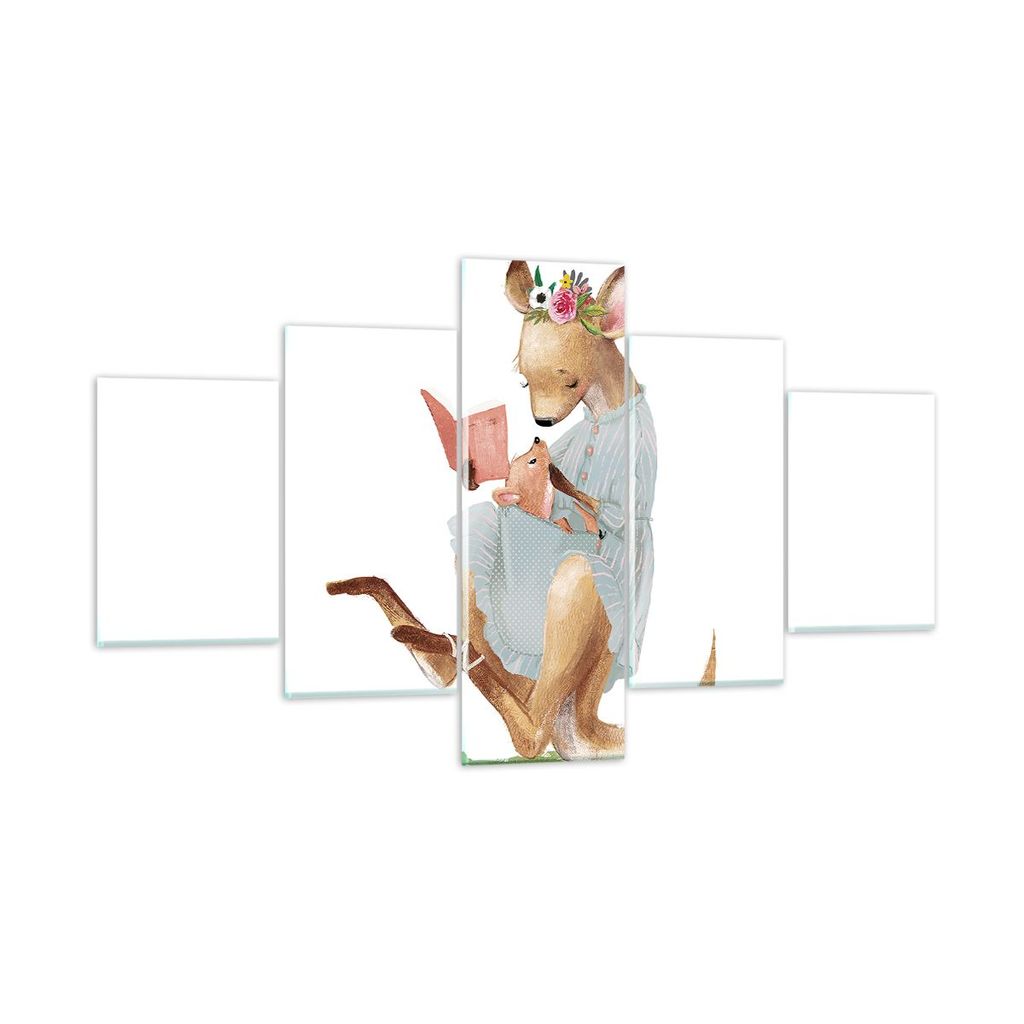 Bilder auf glas - 5 Teile - Känguru Mama Kind - 125x70cm - Glasbilder - Wandbilder - Bilder - zum Aufhängen bereit - Wanddekoration aus Glas - Gl...