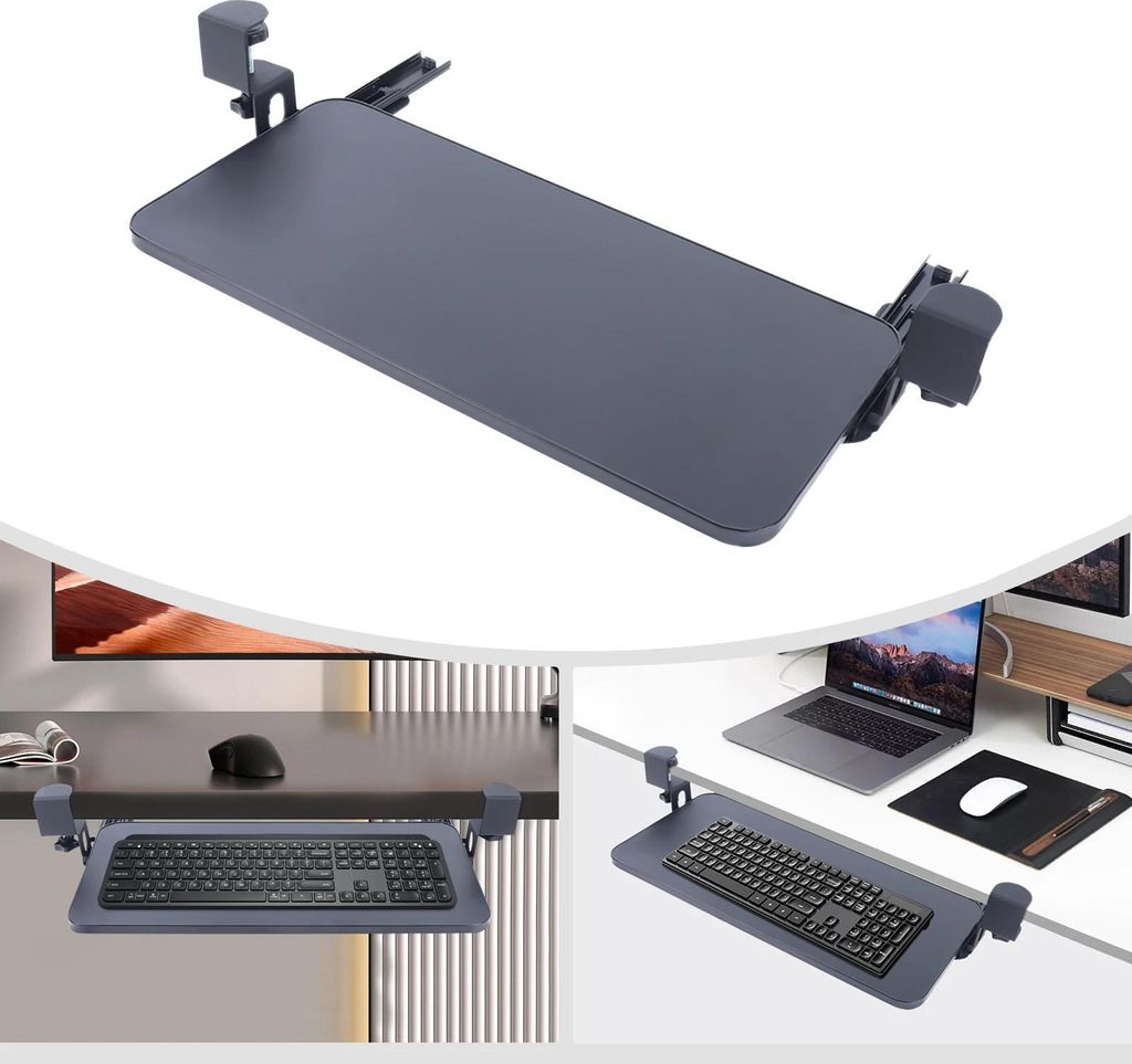 Tastatur- und Mausablage - Schiebbar unter dem Schreibtisch - L-Form - Klemmmontage - Teak & Aluminiumlegierung - Zur Selbstmontage - Für Computer...
