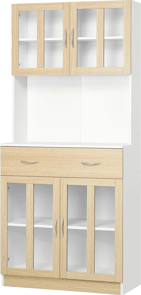 Armoire de rangement 4 portes vitrées et tiroir - Blanc et Bois Naturel