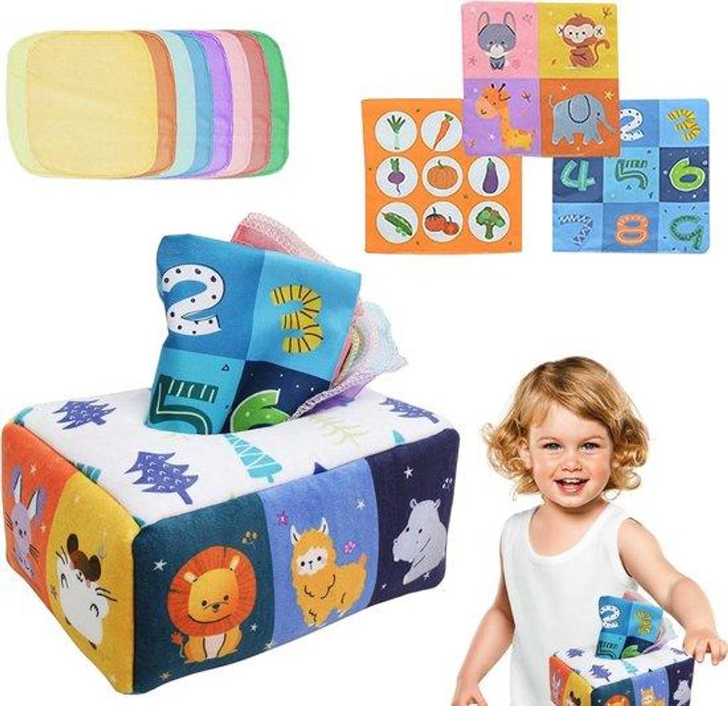 Babyspielzeug in Form einer Tissuebox - Farbenfroh, verschiedene Stile - Spielzeug für Babys - Bildungsreiche Spielzeugbox, entwickelt die Hand-Au...