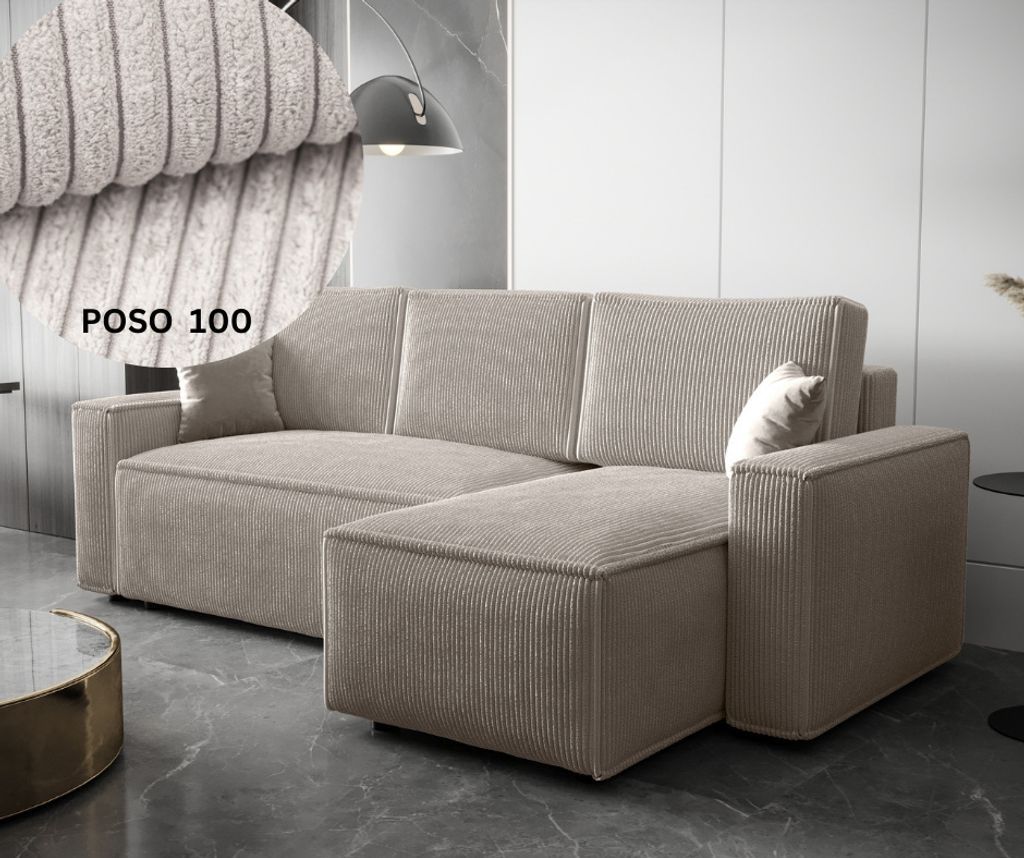 Ecksofa AMRO Schlafsofa mit Bettkasten CORD Stoff (Beige)