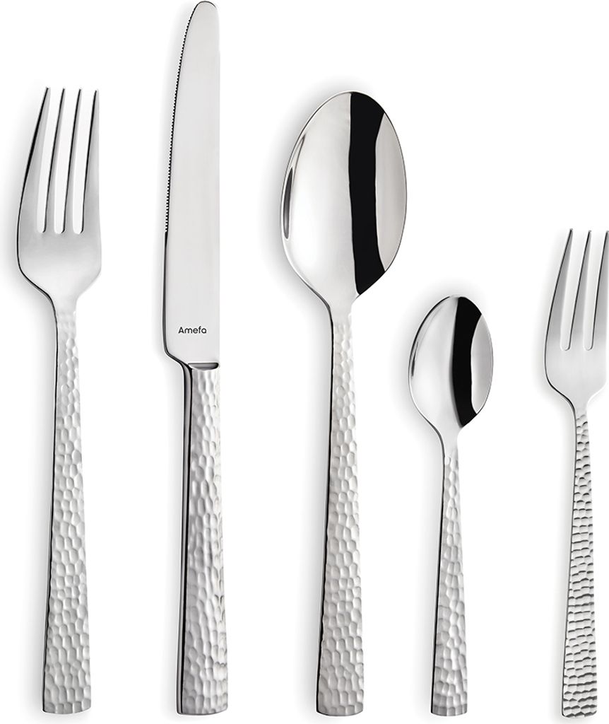 A set of five stainless steel cutlery pieces arranged on a white background.