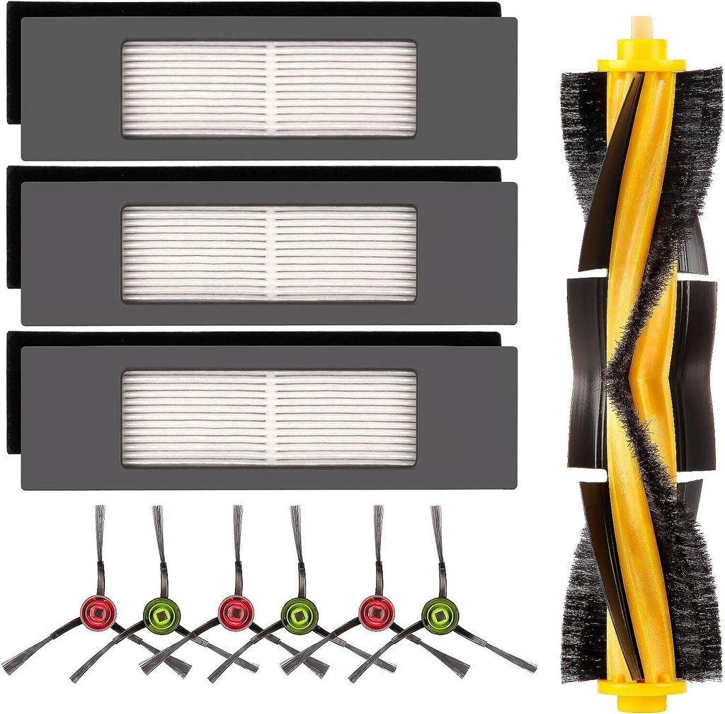A set of cleaning accessories for a robot vacuum cleaner, including filters, a main brush, and side brushes.