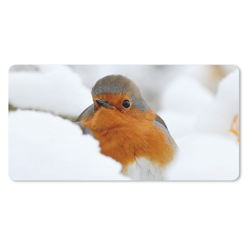 MuchoWow Schreibtischunterlage Schnee - Rotkehlchen - Zweig 80x40 cm - XXL Mauspad - Gaming Mauspad